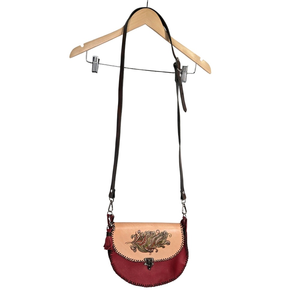 Handcrafted Tooled‎ Leather Feather Crossbody Bag Red Tan Whipstitch Boho Purse